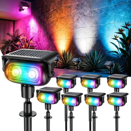 Image of Brizled Solar Spot Light Outdoor Landscape Lighting RGB Color Spotlight | 360 Rotation Head; 9 Color & 11 Mode; IP65 Waterproof; Adjustable Height; Stake or Wall Mounted for Yard Tree Garden Pathway