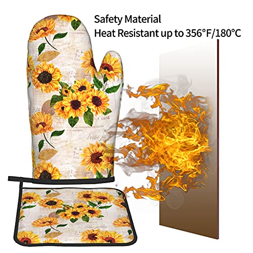 Hitamus Vintage Grunge Yellow Sunflower Oven Mitts And Pot Holders Sets, Heat Resistant Kitchen Microwave Gloves Non-Slip Pot Pads For Grilling Baking Cooking Bbq (Set Of 2) #TOP4