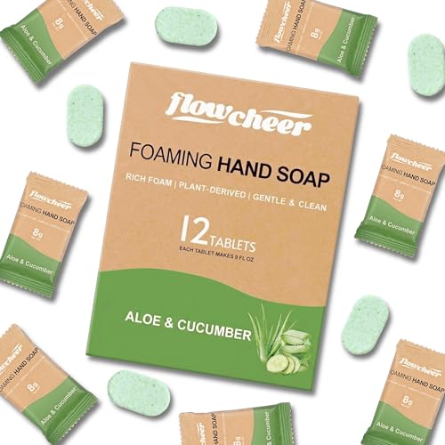 Image of flowcheer Foaming Hand Soap Refill Tablets, Aloe & Cucumber Scent, 12 Pack | Makes 108 fl oz (12 x 9 fl oz Bottles), Fresh & Clean Handwash, No Plastic Bottle