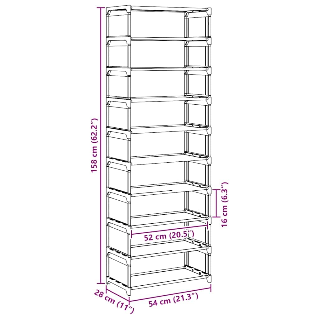 Zapatero 10 Niveles Gris 54x28x158 cm | Estructura de acero resistente, tela transpirable, almacenamiento versátil para entrada o pasillo