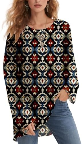 Womens Bohemian Inspired Geometric Print Long Sleeve Shirt Loose Fit Tunic Top Southwestern Inspired Diamond Design Crew Neck Asymmetrical Hem for Everyday Wear and More