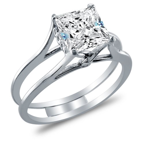 Size 4.5 - Solid 925 Sterling Silver Bridal Set Princess Cut Solitaire Engagement Ring with Matching Channel Set Wedding Band CZ Cubic Zirconia 2.0ct. with Elegant Velvet Ring Box