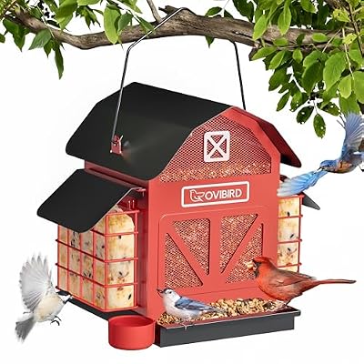 Bird Feeders for Outdoors Hanging, 5LBS Large Bird Feeder with 2 Suet Cage, Red Barn Metal Birds Feeder for Outside, Weather Resistant Cardinal Feeders, ldeal Birds Watching Gifts (Red)