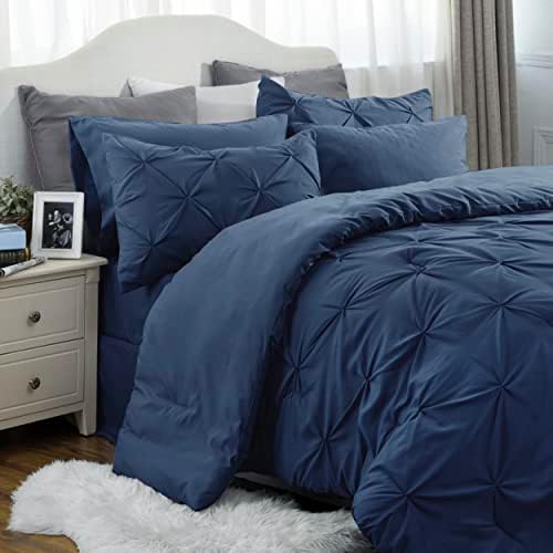 Amazon.com: Bedsure Queen Comforter Set 7 Pieces - Navy Blue Quatrefoil ...