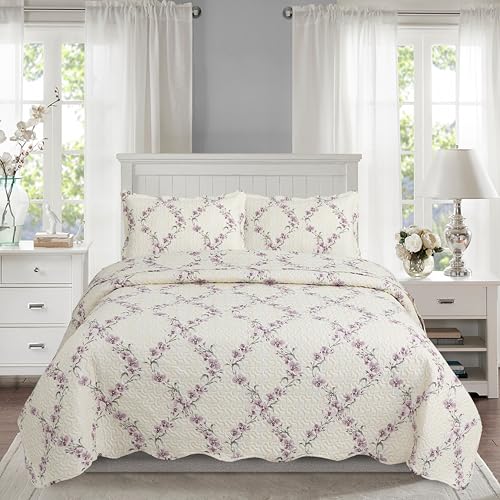 Marina Decoration Home Bedroom Pinsonic Bedding Coverlet Bedspread Ultra Soft 3 Piece Summer Embossed Printed Quilt Set with 2 Embossed Shams, Purple Orchid Cream Pattern Queen/Full Size by Marina Decoration - Image 2