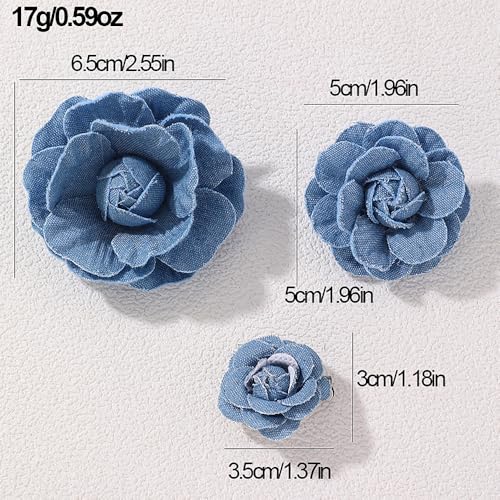 Image of 3Pcs Dainty Flower Brooches for Women Large Blue Camellia Flower Brooches 35MM 50MM 65MM Denim Fabric Floral Lapel Pin Banquet Clothes Jewelry Presents