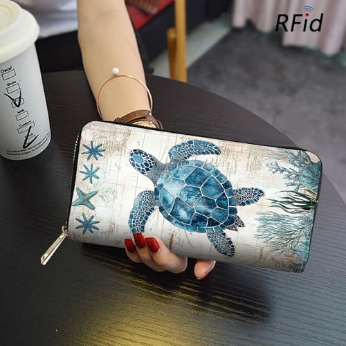 RFID Blocking Leather Wallet for Women – Large Capacity Zip Around Clutch with 8 Card Slots,13 Cash Pockets & Coin Zipper,Sea Turtle Illustration4
