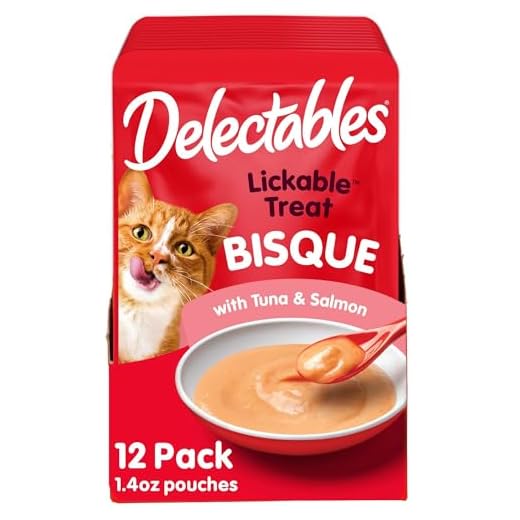 Delectables Lickable Treat Bisque Wet Cat Treat with Real Tuna & Salmon, Food Topper, Hydrating, Grain-Free, No Fillers, No by-Products, No Added Preservatives, 1.4oz Pouch, 12ct