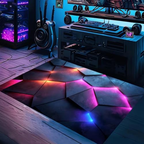 Xisnuient Alfombra Habitación Juventud Adolescente Niño Gamer 3D con Ilusión Óptica, Alfombra Antideslizante Neón de Poliéster Suave para Sala de Juegos Dormitorio Salón, 120x160 cm, Color 6