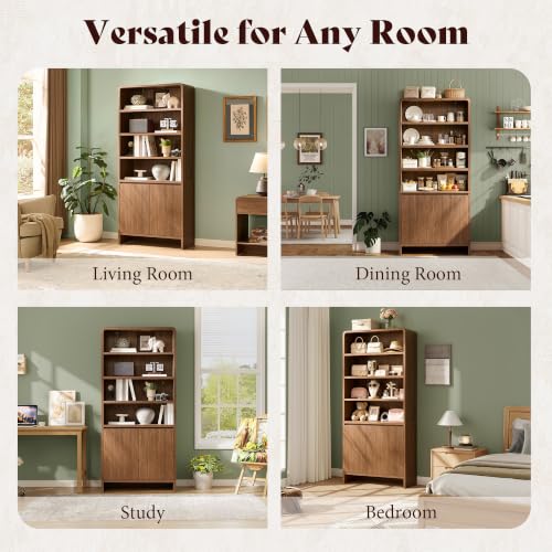 Image of AMERLIFE 71 inch Modern Bookcase Set of 2 with Storage Cabinets, 6-Tier Wood Bookshelf with Doors & Adjustable Shelves, Curved Design Display Cabinet for Living Room, Bedroom, or Home Office, Brown