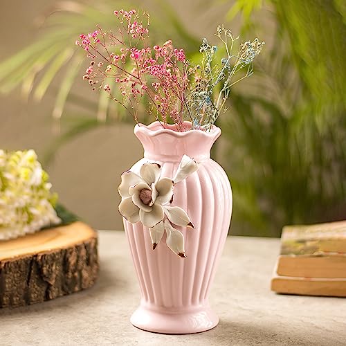 Image of MARKET 99 Light Pink Ceramic Curvy Vase with Engraved Floral Pattern | Decorative Flower Holder for Fresh & Artificial Flowers | Aesthetic Tabletop Vase for Home Decor, Living Room, Bedroom, & Office