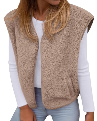 KIRUNDO Women's Fall Winter Fleece Vest 2025 Trendy Sleeveless Sherpa Jacket Button Down Open Front Fuzzy Warm Outerwear