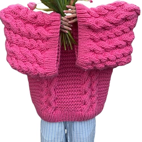 Image of Unybwonn Fall Plus Size Sweaters for Women Loose Batwing Sleeve Cute Cable Knitted Tops Y2k Loose Pullover Outfits Red