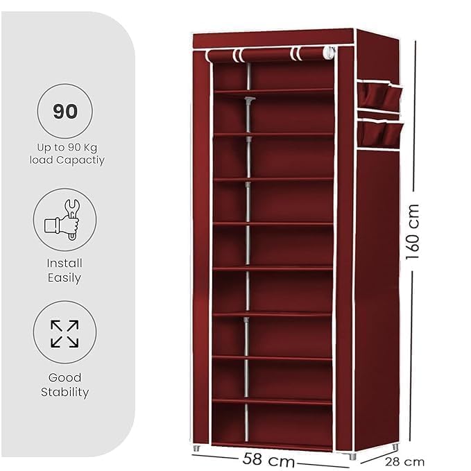 Image of Bagnizer Collapsible Wardrobe Printed Cover 6 Shelves Storage Clothes Storage Rack -Great Kitchen Storage QuickWardrobe Organizer Storage Rack Foldable Collapsible (Maroon)