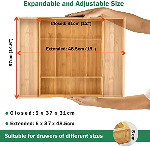 Mass Dynamic Bamboo Cutlery Tray, Expandable Drawer Organiser, Space-Saving 5-7 Storage Compartments Holds Silverware, Kitchen Utensils, Office Supplies, Bathroom Accessories (Size: 5x48.5x37cm)
