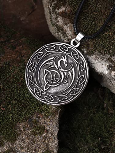 Haquil Dragon Necklace, Celtic Dragon Medallion Pendant, Faux Leather Cord, Dragon Jewelry Gift #TOP2