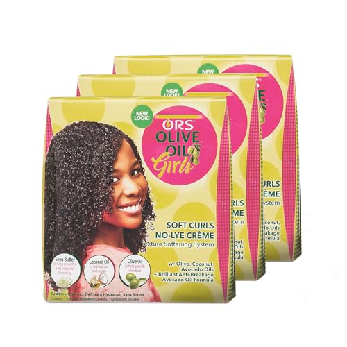 ORS Olive Oil Girls Soft Curls No-Lye Creme Texture Softening System Kit with Olive, Coconut & Avocado Oils (Pack of 3)