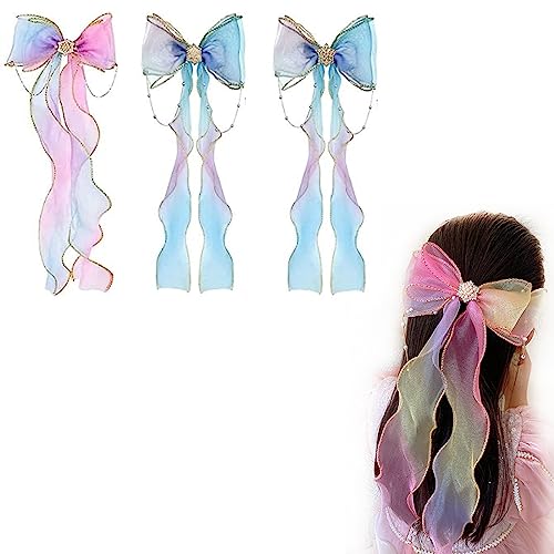 Nœuds longs colorés tressés pour cheveux (lot de 3) avec pinces crocodiles pour filles et étudiantes