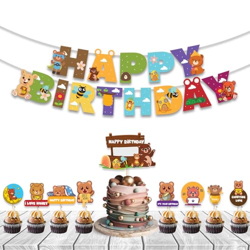 Image of Festiko Set of 10 Pcs Bear Theme Happy Birthday (Banner, Cake & Cupcake Toppers), Bear theme birthday decorations