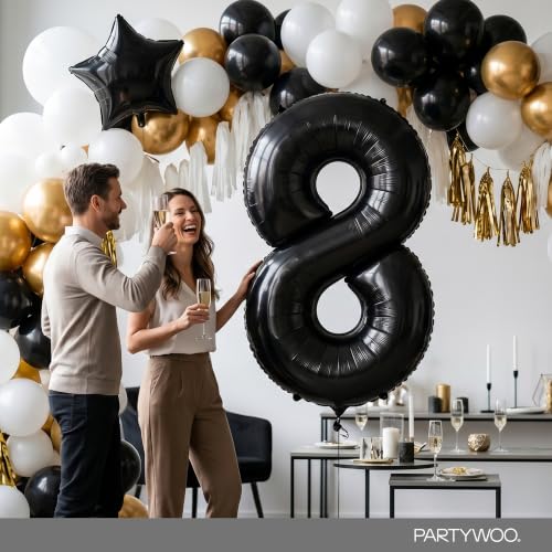 Image of PartyWoo Black Number 8 Balloon 40 Inch 25pcs Black Foil Star White Gold