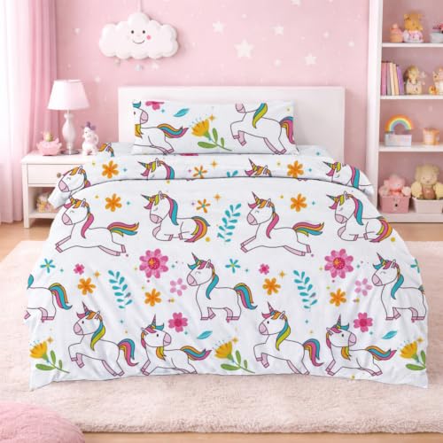 Juego de Funda Nórdica Infantil para Cama 90 cm de 3 Piezas - Funda Nórdica 150x220cm con 1 Fundas de Almohada y Bajera Ajustable, Patrón Unicornio de Poliéster Muy Suave y Transpirable(Blanco)