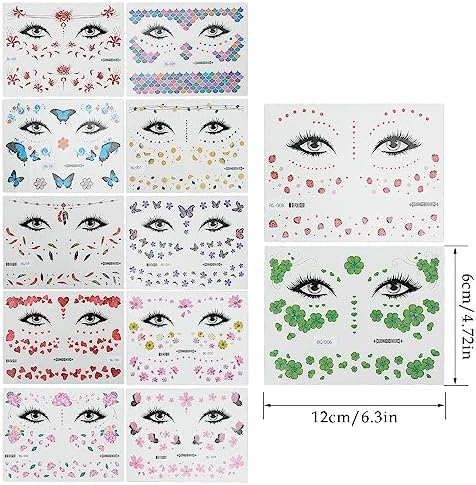 cobee Glitter Face Temporary Tattoos, 12 Sheets Butterfly Fake Tattoos Stickers Waterproof Makeup Tattoo Decals Flowers Face Arm Body Sticker for Women Halloween Party Favors
