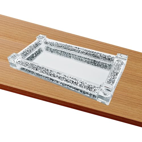 Bandeja de cristal con espejo con marco de diamantes triturados, bandeja rectangular decorativa para cosméticos, perfumes, baratijas, taza, bandeja para servir, 20 x 10 cm