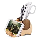AhfuLife Wooden Elephant Cell Phone Holder/Stand with Pen&Pencil Holder/Pot, Desk Decoration...