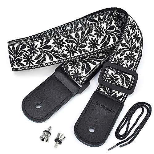CLOUDMUSIC Ukulele Strap Black And White Leaves Flowers For Soprano Concert Tenor Baritone