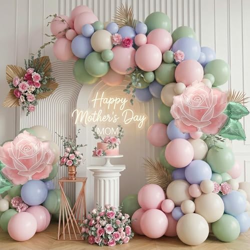 Mothers Day Tea Party Decorations - with Green Pink Blue Floral balloon Garland kit & Rose Foil Balloons for Mothers Day Brunch Garden Party Boho Wedding Birthday Decor