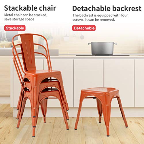 FDW | Set of 4 Metal Dining Chairs | Orange | Stackable Tolix Side Chairs with Backrest | Scratch-Resistant | Non-Slip Feet | Indoor/Outdoor Use | 330 lbs Capacity | Ideal for Kitchen & Restaurant