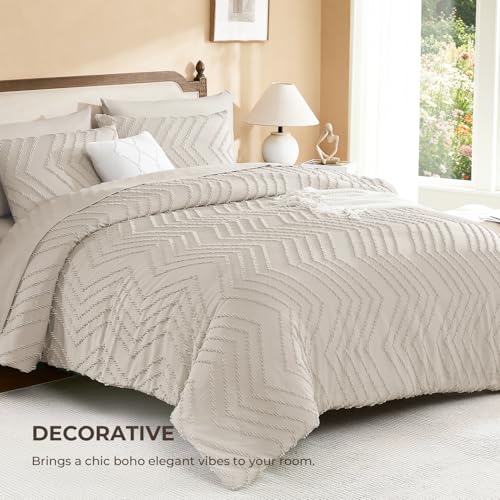 Image of Litanika Oversized Queen Size Comforter Set with Sheets Oatmeal - 7 Pieces Bed in a Bag Oversized King Boho Tufted Complete Bedding Sets with Comforter, Sheets, Pillowcases & Shams