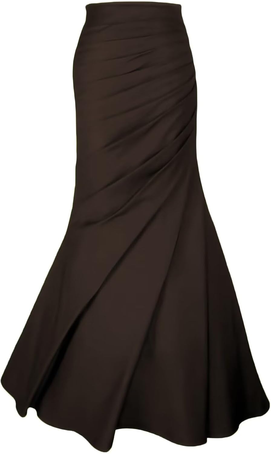 Women’s Solid Pleated High Waist Sexy Satin Fishtail Wrapped Long Skirt Evening Prom Party Skirt