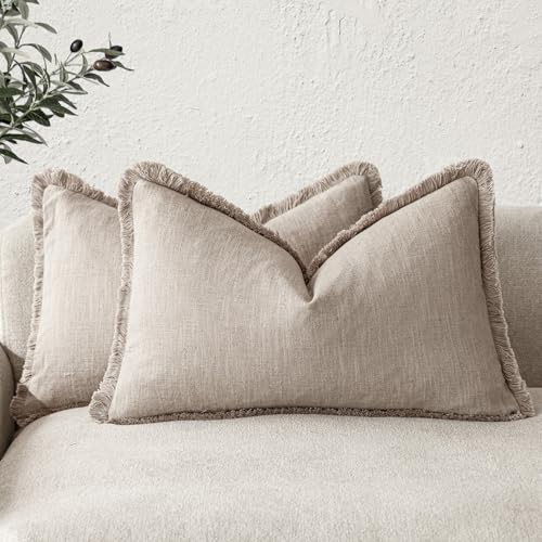 Image of Foindtower Set of 2 Decorative Linen Fringe Lumbar Throw Pillow Covers Farmhouse Cushion Cover with Tassels Accent Pillowcase for Couch Sofa Bed Living Room Home Decor,12x20 Inch,Natural Linen