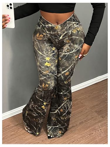 SOLY HUX Women's Plus Size Camo Print Bell Bottom Pants High Waisted Flared Leg Trousers4