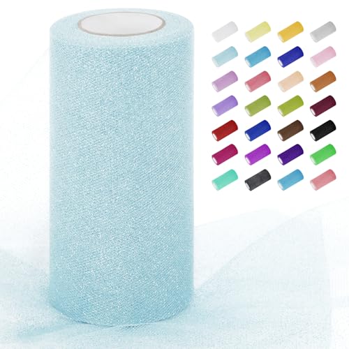 Uiopa Tul Azul Claro Brillante 15cm x 22m Rollo Tela de Tul Poliéster Cinta Tela con Purpurina para Falda Tutú, Envolver Regalos, Guirnaldas, Decoración de Fiesta/Boda, Manualidades