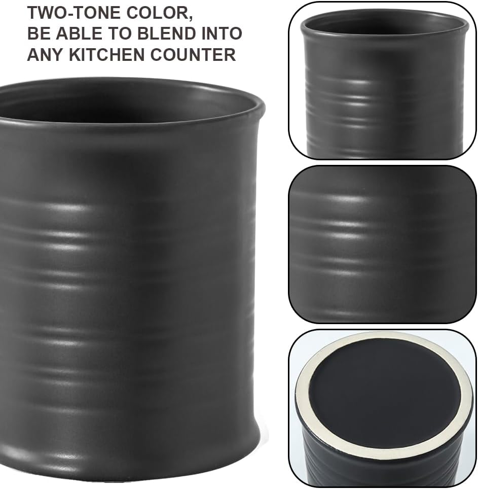 Nihow Kitchen Utensil Holder: 7.2 Inch Extra Large Ceramic Utensil Holder for Countertop - Stable Utensil Crock for Kitchen Counter Decor - Matte Black (1PC)