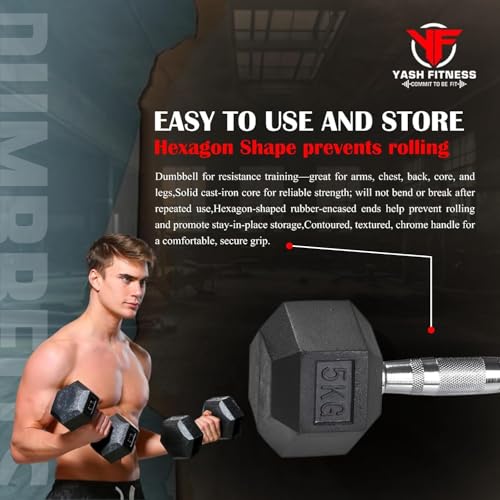 Image of Set Of 2 Rubber Professional Hexa Dumbbells | Fixed Weight Dumbbell | Dumbbells Set For Home Gym & Gym Training | Gym Equipment Dumbbells Set | Durable Dumbbell Set (5 Kg)