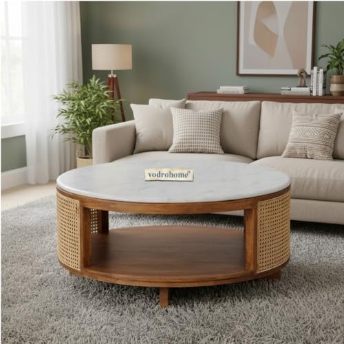 Image of Cane Solid Wood Coffee Table with Marble top- Rattan Round Centre Table with Storage - Ideal Tea Table for Living Rooms C#040