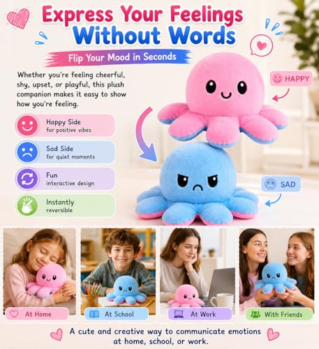 Image of Reversible Octopus Plush Toy 18 cm | Flip Mood Soft Toy | Double-Sided Happy & Angry Expression | Super Soft Stuffed Animal Plushie | Cute Kids Gift, Stress Relief Toy, Home Decor (Pink /Blue)