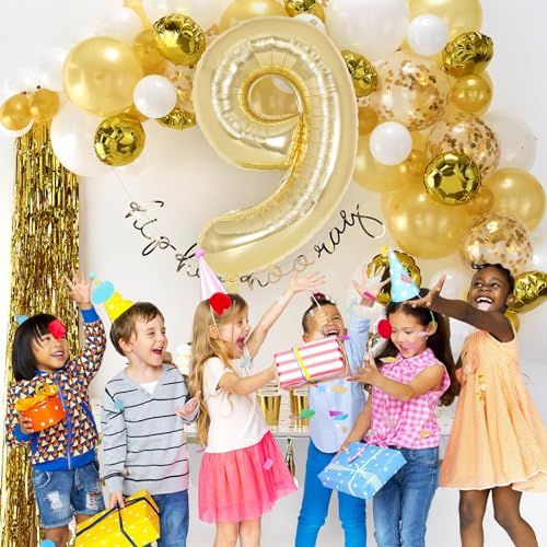Image of Champagne Gold Large Number 9 Balloon, 40 Inch Light Gold Foil Helium Number Balloons, Giant Mylar Number 9 Balloons for 9 Years Old Birthday Party Anniversary Decorations