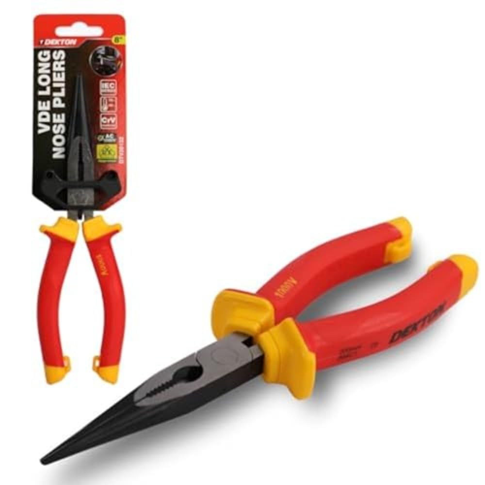 Dekton Vde Long Nose Pliers 8" | Vde Certified Insulated Grip | Slim Precision Nose For Tight Spaces | Laser-Hardened Cutting Edges | Durable Steel For High Voltage