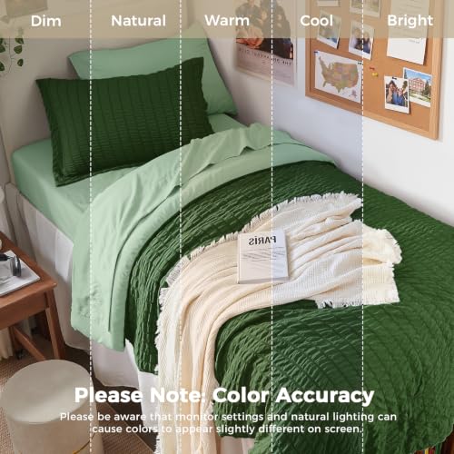 Image of HYMOKEGE Dark Green /Sage Green Twin XL Comforter Set Seersucker 5 Pieces, All Season Luxury Bed in a Bag for Bedroom, Bedding Set with Comforter, Sheets, Pillowcase & Sham