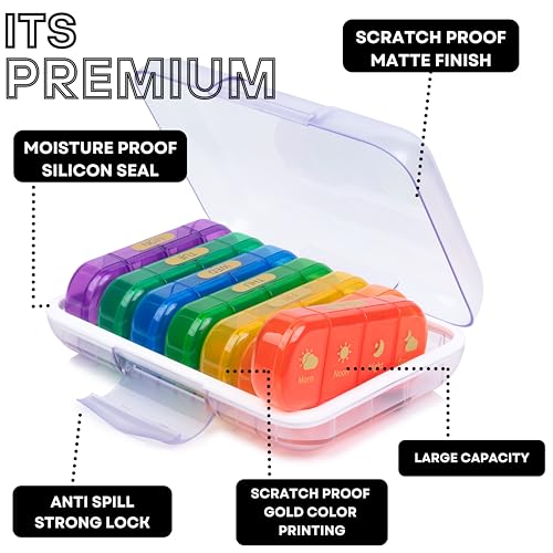 Image of Premium weekly pill organizer 4 times a day, Medicine organizer box| Medicine box, portable travel pill box weekly with large compartments moisture-proof pill case for vitamin, Medicine, pills, supplements