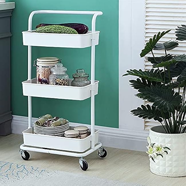 3-Tier Rolling Carts with Wheels Storage Cart Makeup Cart with Roller Wheels Mobile Storage Organizer for Kitchen, Bathroom, Office Storage Trolley(White)-NHv7pxGP