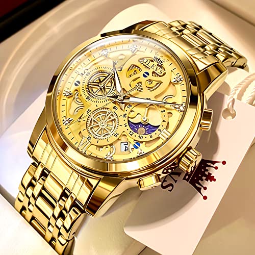 Olevs Gold Watches For Men Stainless Steel Skeleton Analog Watch For Men Classic Large Big Face Diamond Chronograph Dress Watches For Men Casual Waterproof Mens Watches Date Luxury Men's Wrist Watches #TOP7