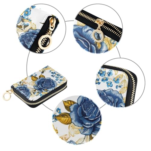 Small Women's Wallet Cute Card Holder Wallets RFID Blocking Leather Coin Purse Wallet with Zipper Dark Blue Vintage Roses Golden4