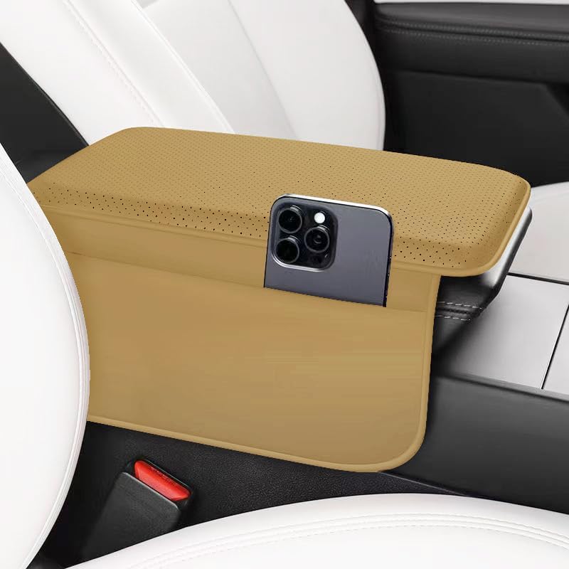 Capa para apoio de braço automotivo em couro Nappa XHW para Tesla Model Y – Marrom-claro