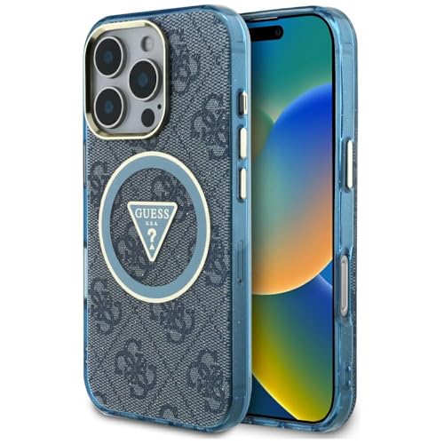 CG MOBILE Guess IML Metal Glitter 4G Circle Triangle Compatible avec MagSafe Coque pour iPhone 16 Pro (Bleu)