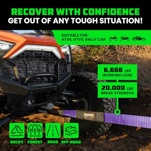 Image of Rhino USA Recovery Tow Strap (2 inch x 20') - 20,024lb Break Strength - Emergency Recovery Strap Tow Rope for UTV, ATV & More - Heavy Duty Towing Strap for Offroad 4x4 Use - Compatible with RZR and Can-Am